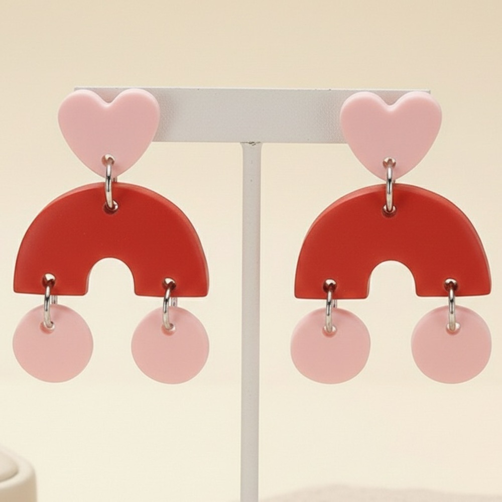 Geometric Three Tier Dangle Studs - Handmade Clay Earrings - Heart & Arch Detail